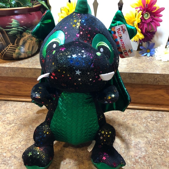Toy Factory Plush Paradise 16" Black/Green Dragon w/Multicolor Metallic Stars - Picture 8 of 8